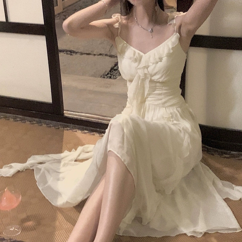 French Style Gentle Fairy Skirt First Date Elegant Fairy Super Mori Seaside Vacation Sling Waist-Tight Dress