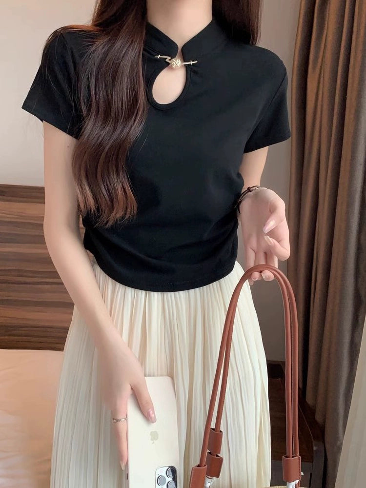 Niche Chinese Style Top T-shirt with Short Sleeves Improved Cheongsam