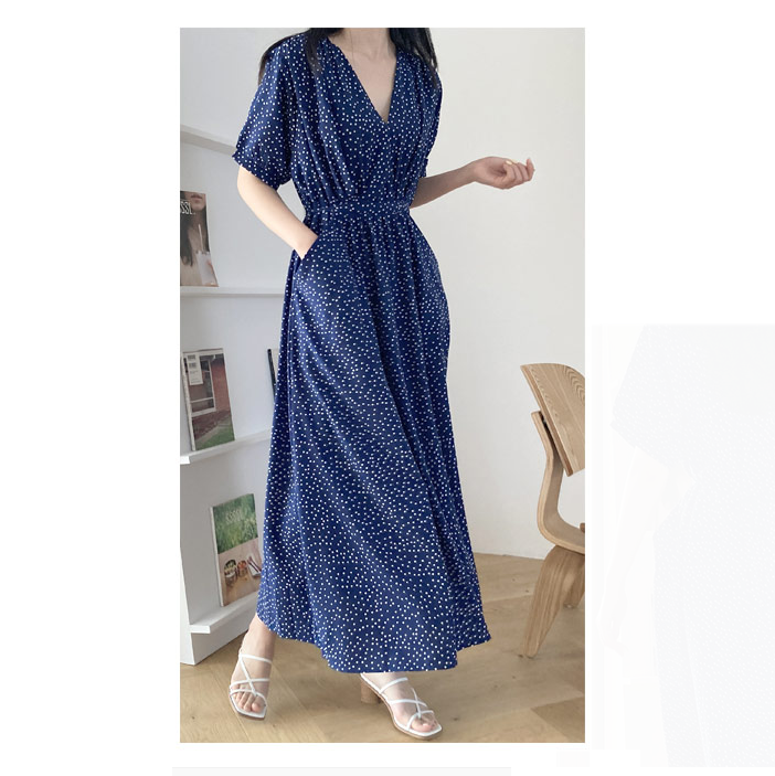 European Station New Summer plus Size Women's Clothes Polka Dot V Neck Short Sleeve Waist Dress Slim Polka Dot Large Swing Dress