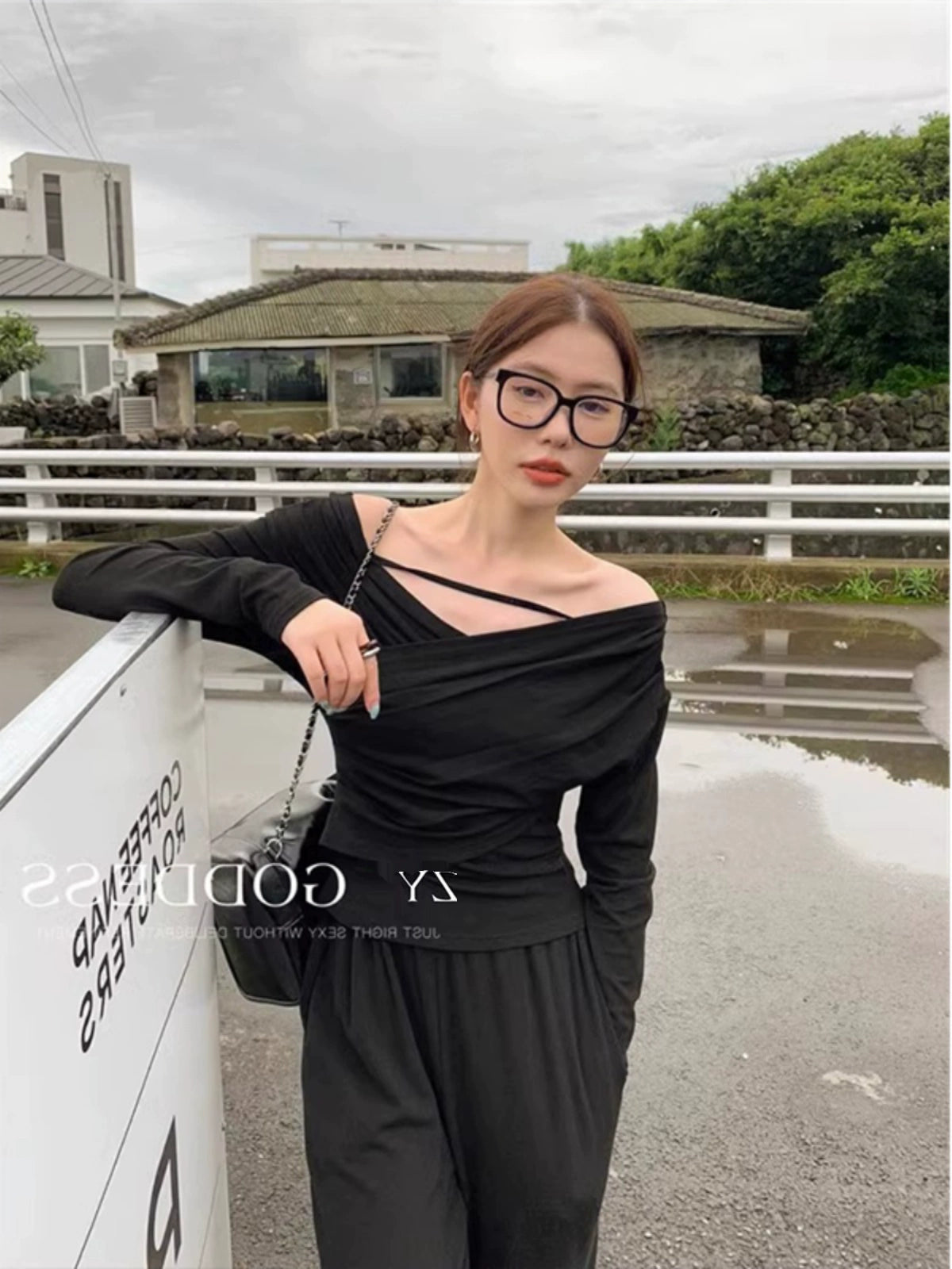 Oblique Shoulder Fancy Abdomen-Control Black Upper Clothes Long Sleeves T-shirt