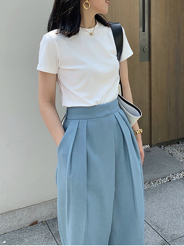 Shoulder Spring and Summer Outwear White Silm Short Sleeve T-Shirt