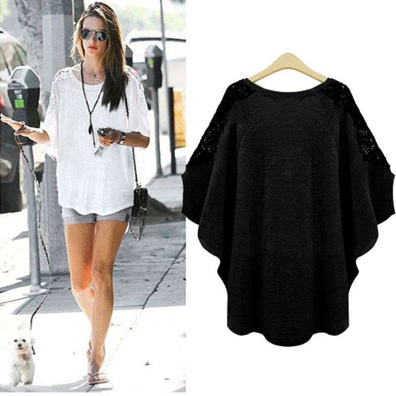 Extra Large Crocheted Cutout Loose Bat Lace T-shirt