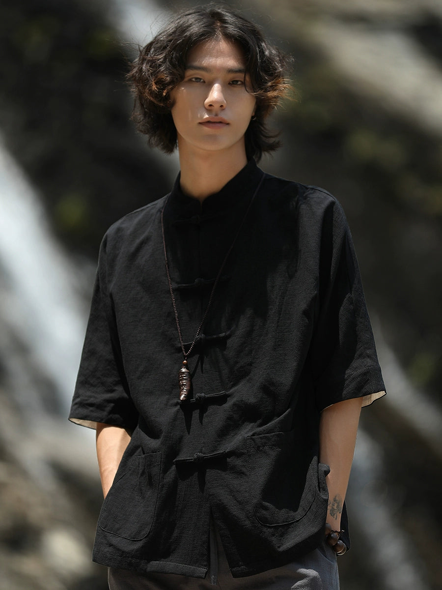 Duolou Youth Short Sleeve Cotton and Linen Chinese Stand Collar Tang Suit