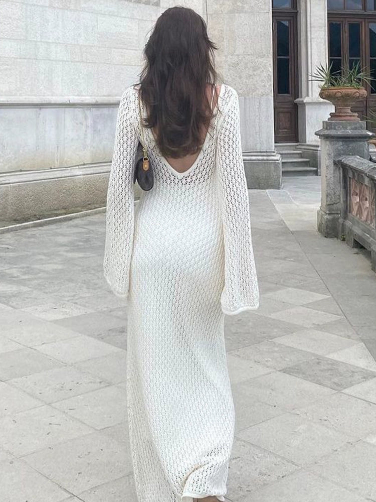 European and American Sexy Vacation Seaside Beach Bikini Blouse Swimwear Cover-up Cut Out Deep V-neck Backless Long Beach Dress