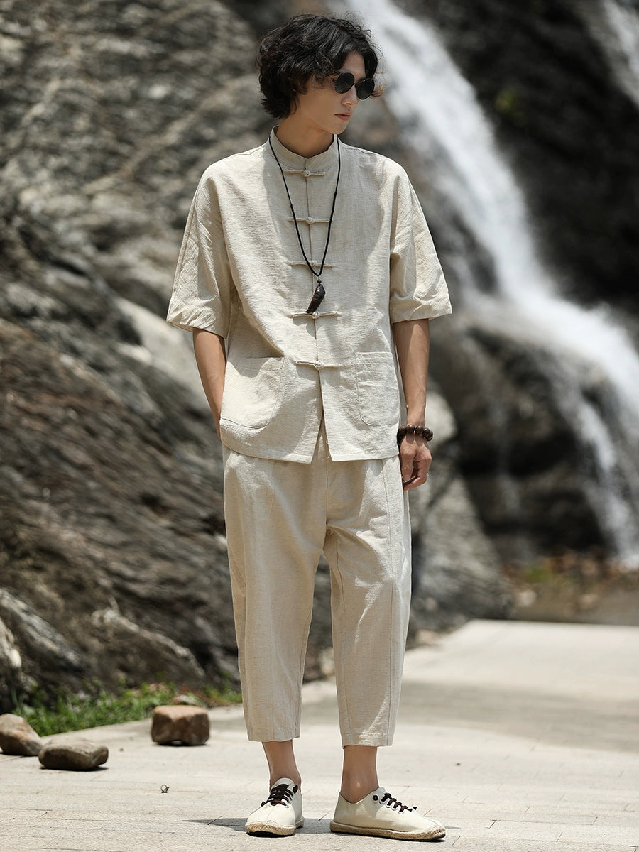 Duolou Youth Short Sleeve Cotton and Linen Chinese Stand Collar Tang Suit