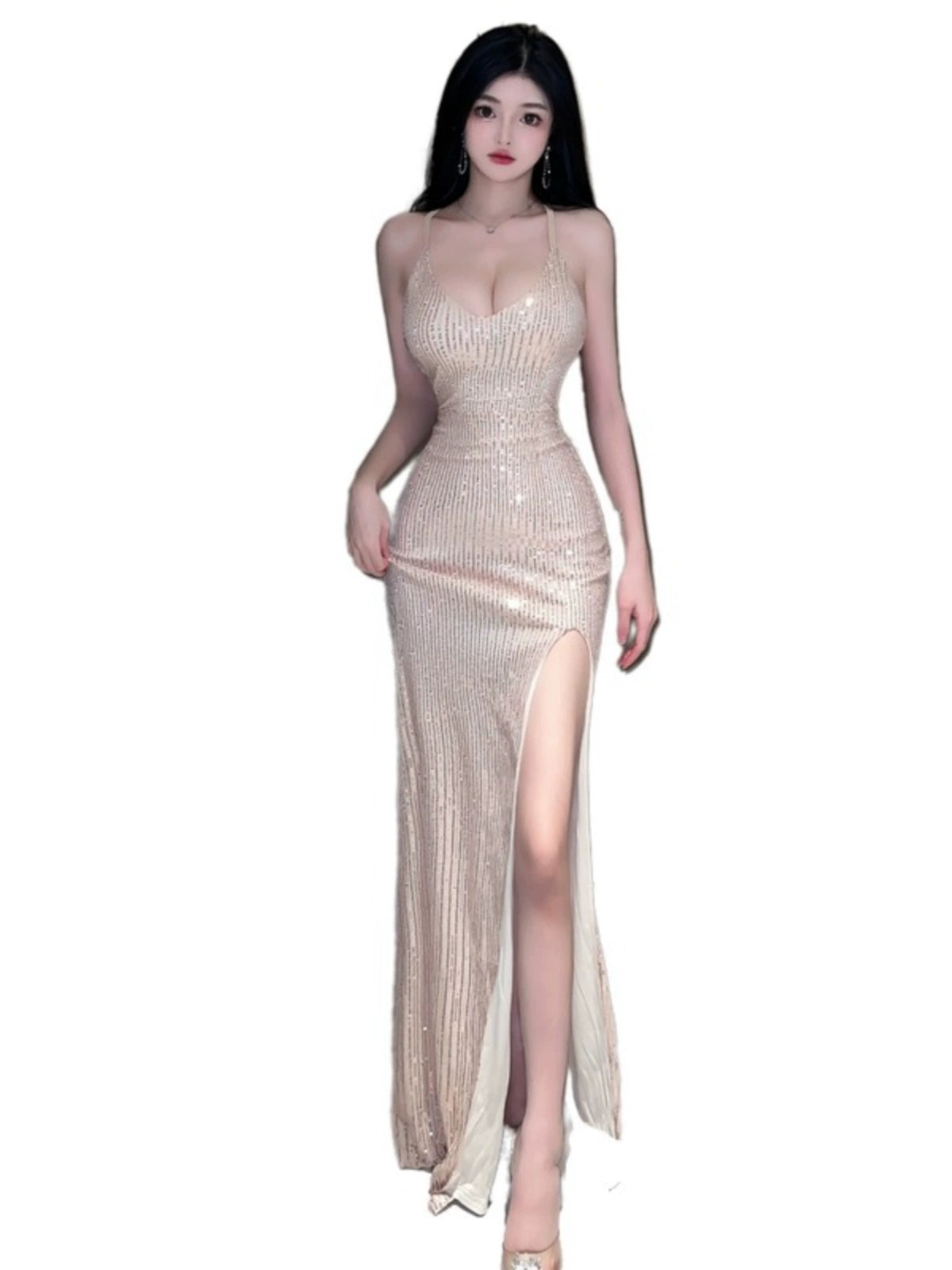 Internet Celebrity Socialite Style Banquet Backless Dress Sequins