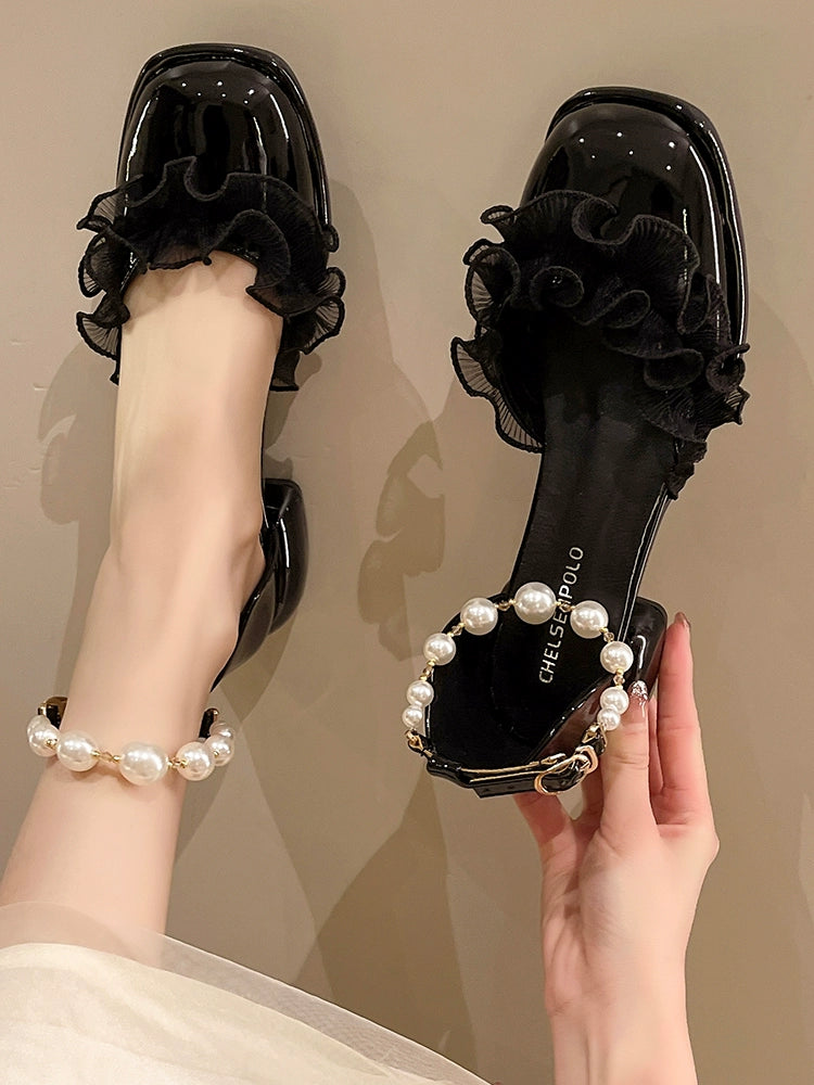 Spring Summer Chunky Heel Fairy Style Closed Toe Sandals with Skirt