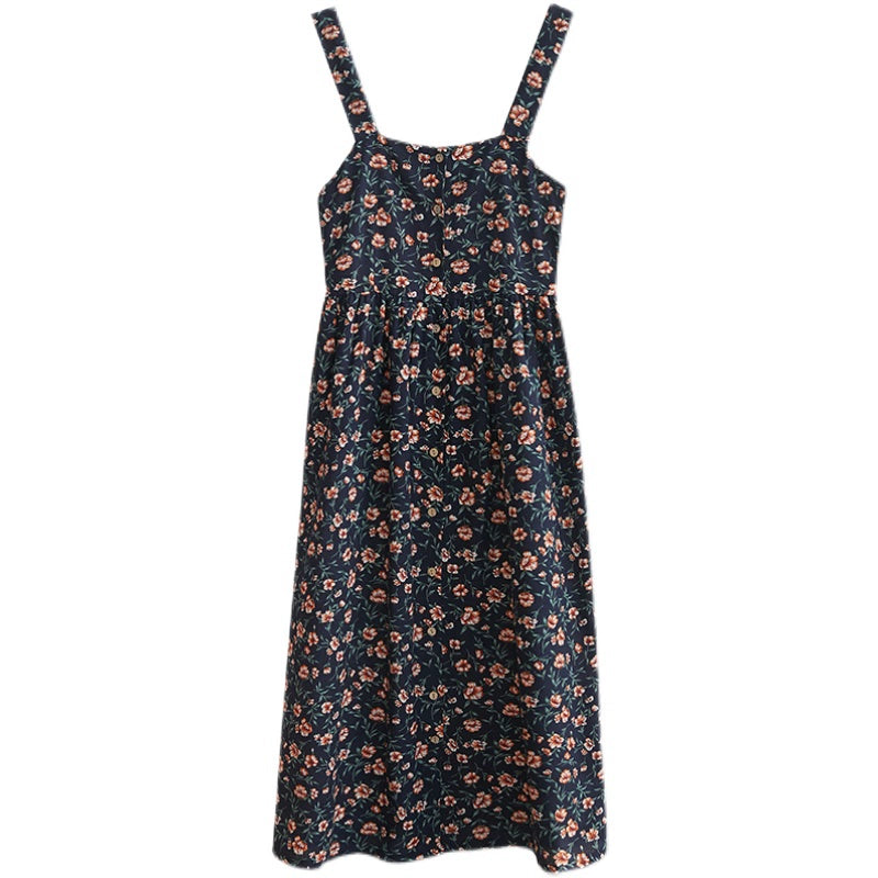 Vintage Cotton Linen Long below the Knee Slimming Sleeveless Suspender Dress