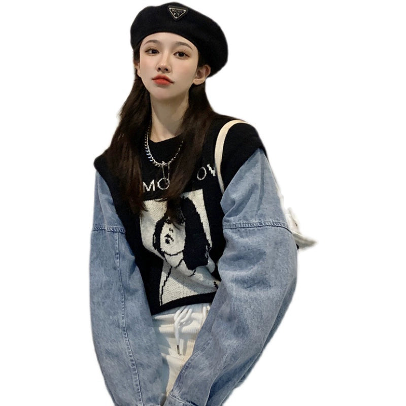 European Station Super Nice Cartoon Denim Hoodie Fake Two-Piece