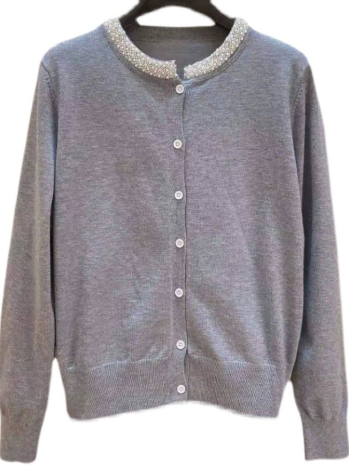 White Collar Girdear New Spring and Autumn Wool Knit Cardigan Beaded