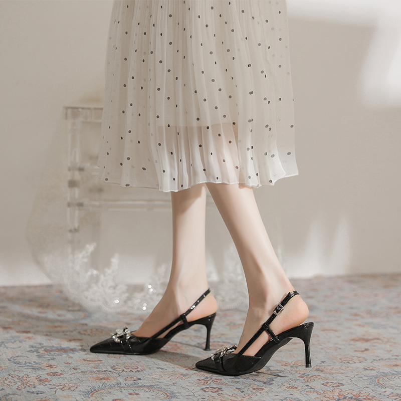French Style Black Career Stilettos Autumn Rhinestone