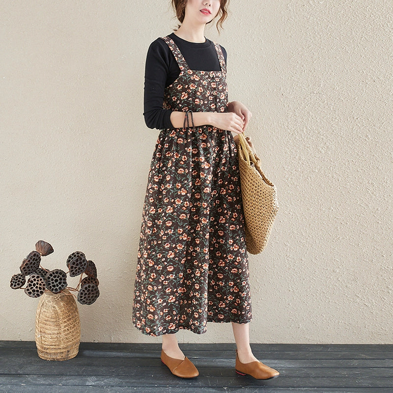 Vintage Cotton Linen Long below the Knee Slimming Sleeveless Suspender Dress