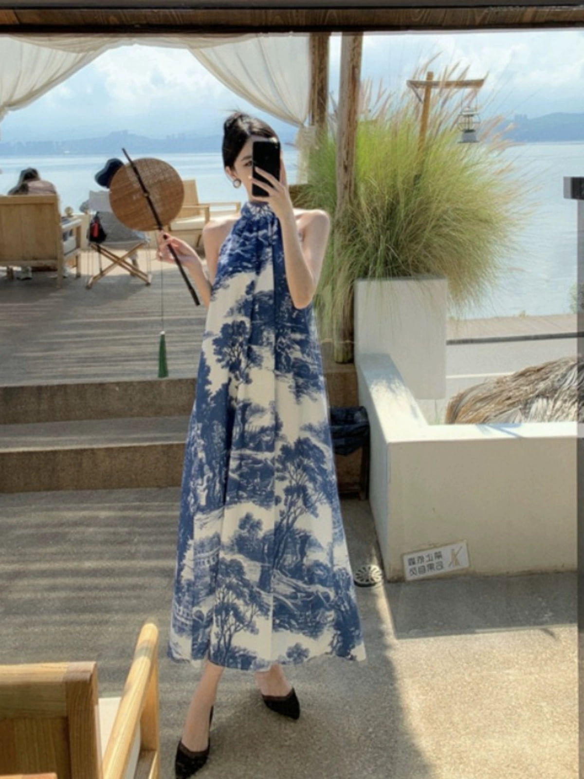 Sanya Loose plus Size Blue and White Porcelain Ink Painting Dress