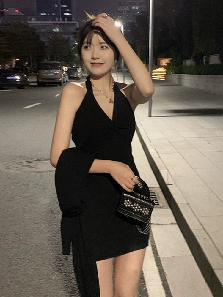 Knitted Korean Style Sense of Design Slim-Fit Black Dress Halter