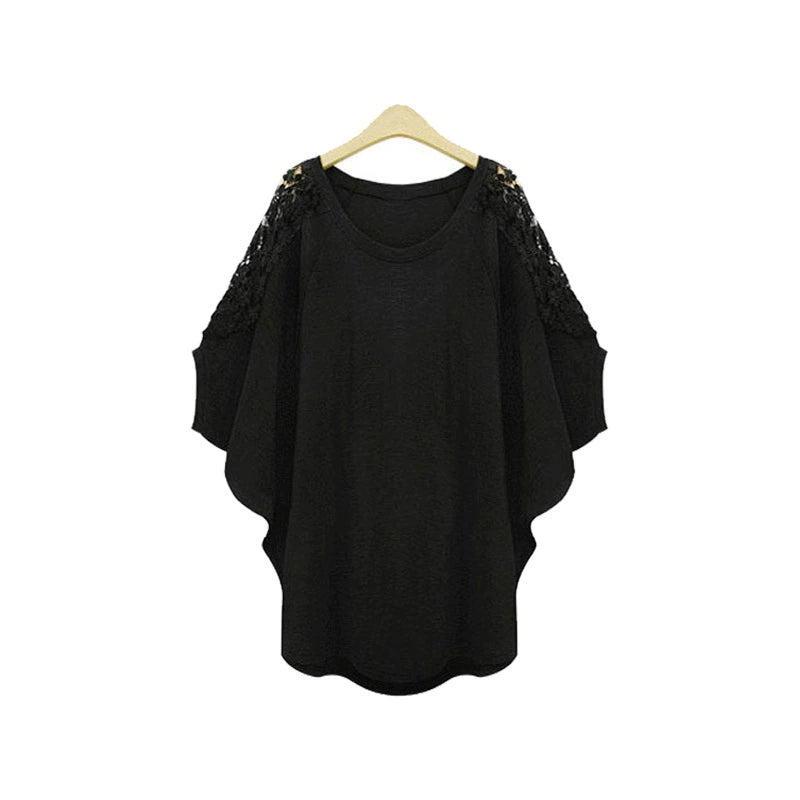 Extra Large Crocheted Cutout Loose Bat Lace T-shirt