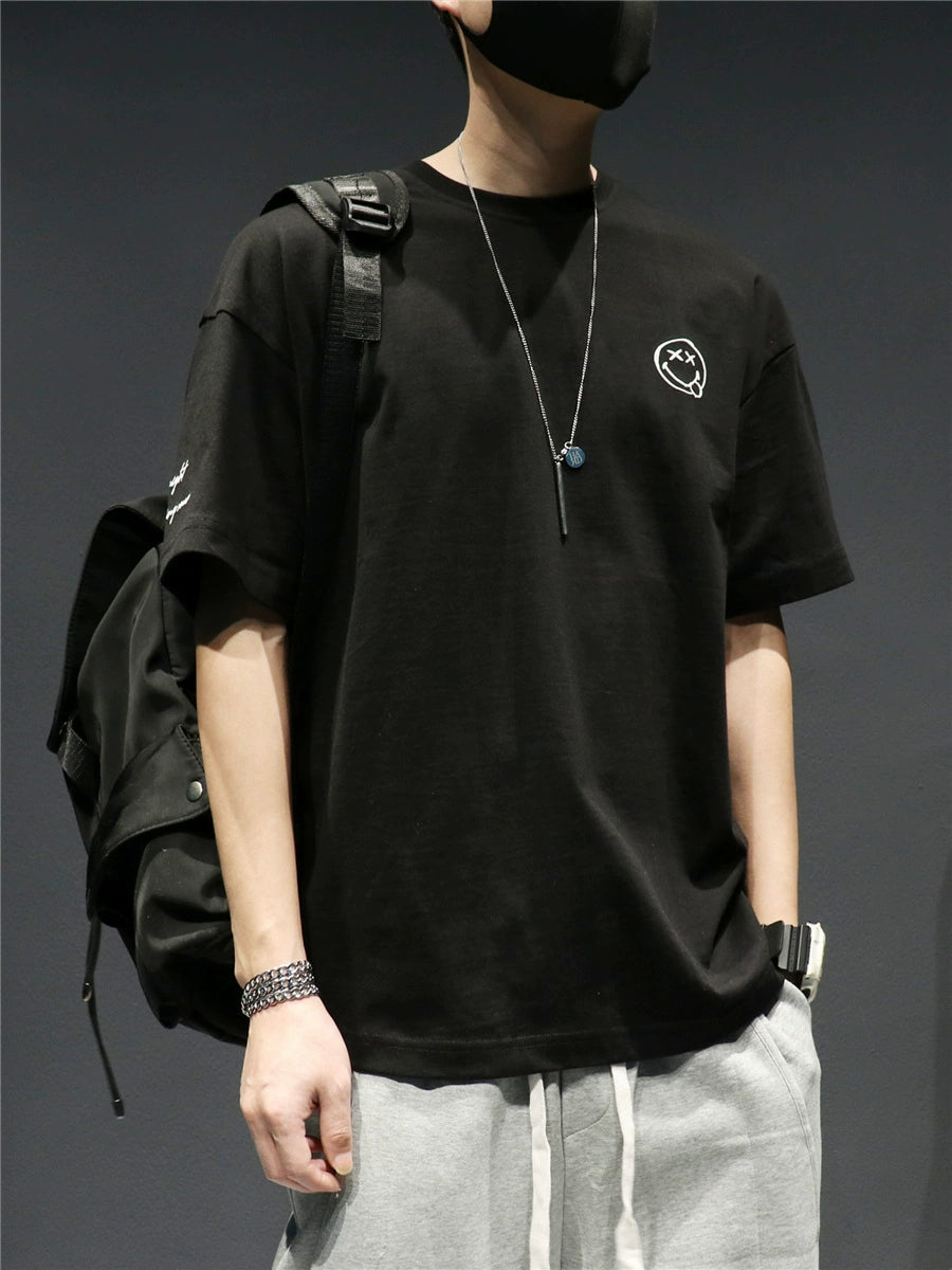 Fashion-Black Short Sleeve Large Size Cotton T-shirt Embroidery