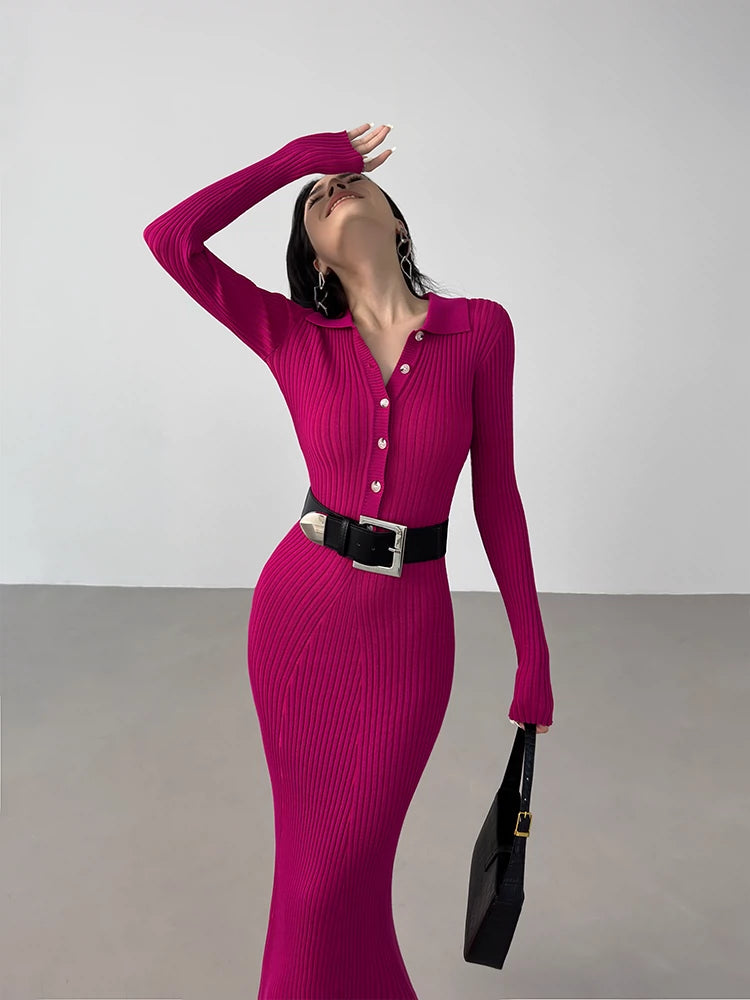 Spring and Autumn French Sexy Sexy Knitted Dress Slimming and Tight Slim Fit Sweater Adult Lady like Woman Hip V Neck Long Dress