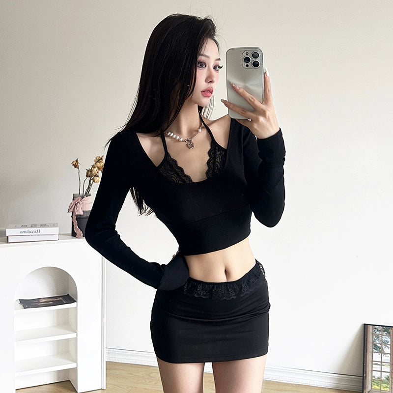 Pure Desire Sexy Lace Patchwork Slim Fit Midriff-Baring Fake Two-Piece