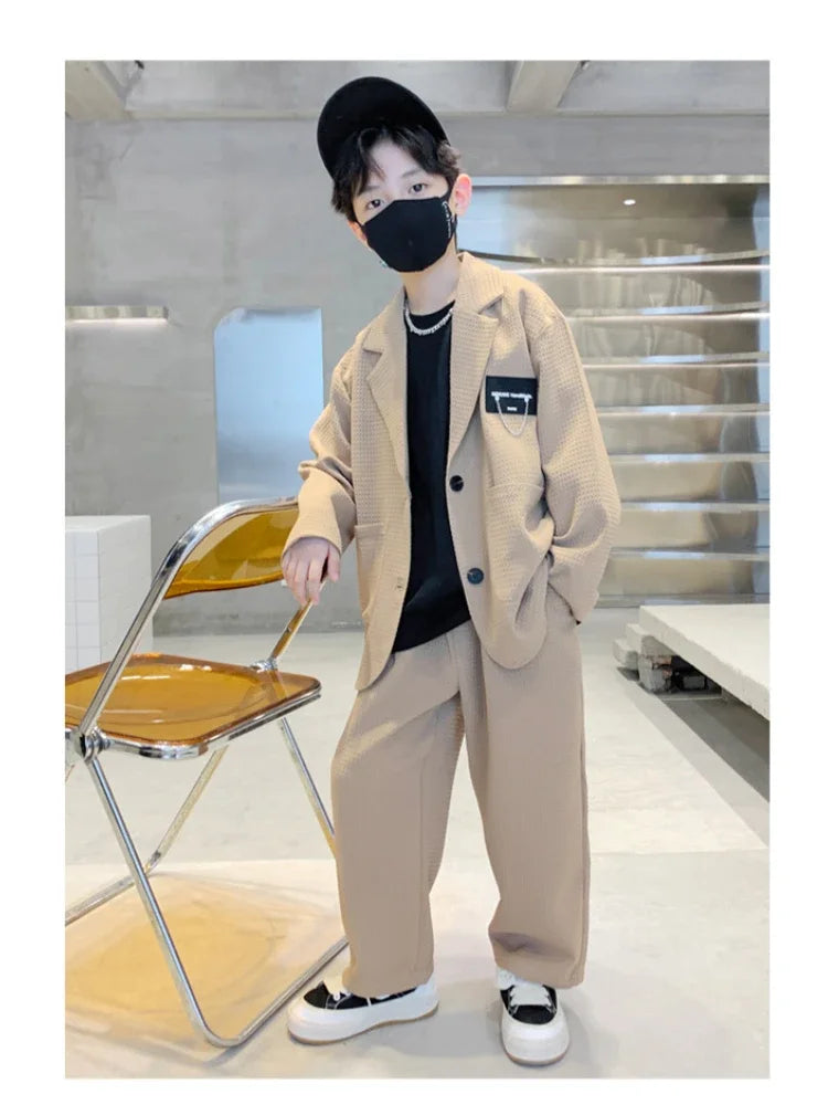 Autumn Teenage Boys Gentleman Clothes Set Children Sigle Breasted Trend Coat and Pant 2 Pieces Set Birthday Party Outfit