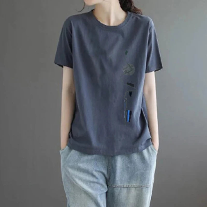 2022 Summer O Neck Fashion Print Loose Casual T-shirt Top Women Short Sleeve Simple All-match Tee Female Clothes Lady Pullovers