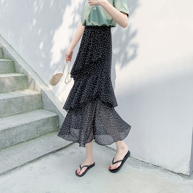 Casual Summer Skirts For Women New Loose Elastic High Waist Jupe Longue Femme Vintage Chiffon Ruffles Print Floral Pleated Skirt
