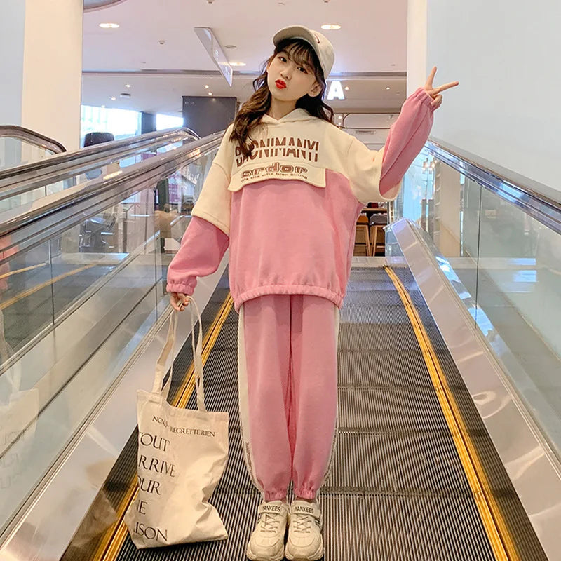 Junior Girls' Sweatshirt Suit Spring and Autumn Children's Fashion Hooded  Sports Trousers 2 Piece Set 3-12Y
