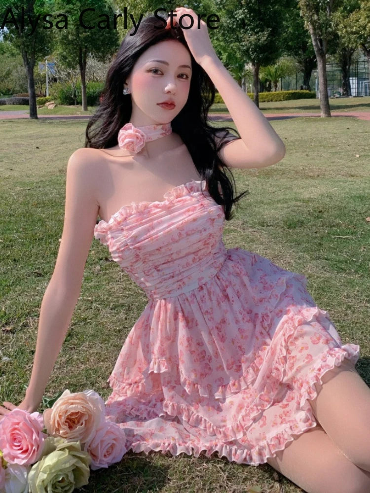 Casual Floral Sexy Dress Women 2022 Summer Pink Sleeveless Patchwork Mini Dresses Female Elegant Party Holiday Slim Korean Dress