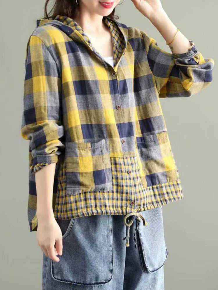 Max LuLu 2024 Fashion Korean Designer Clothes Womens Plaid Hooded Shirts Ladies Linen Loose Blouses Female Casual Oversized Tops