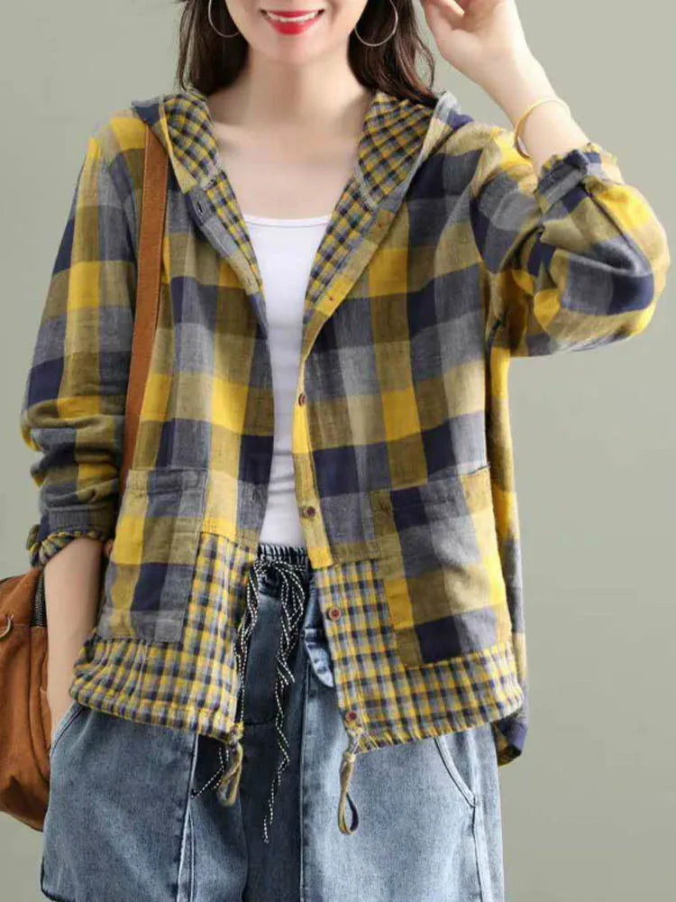 Max LuLu 2024 Fashion Korean Designer Clothes Womens Plaid Hooded Shirts Ladies Linen Loose Blouses Female Casual Oversized Tops