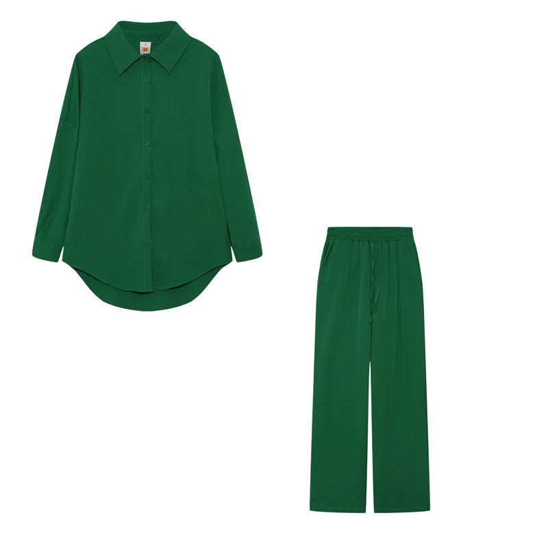 2023 Women's Spring Summer 100% Cotton Shirts+Pants Suits Office Lady Fashion Long Sleeve Loose Tops Crepe Y2k 2PCS Set Outfits