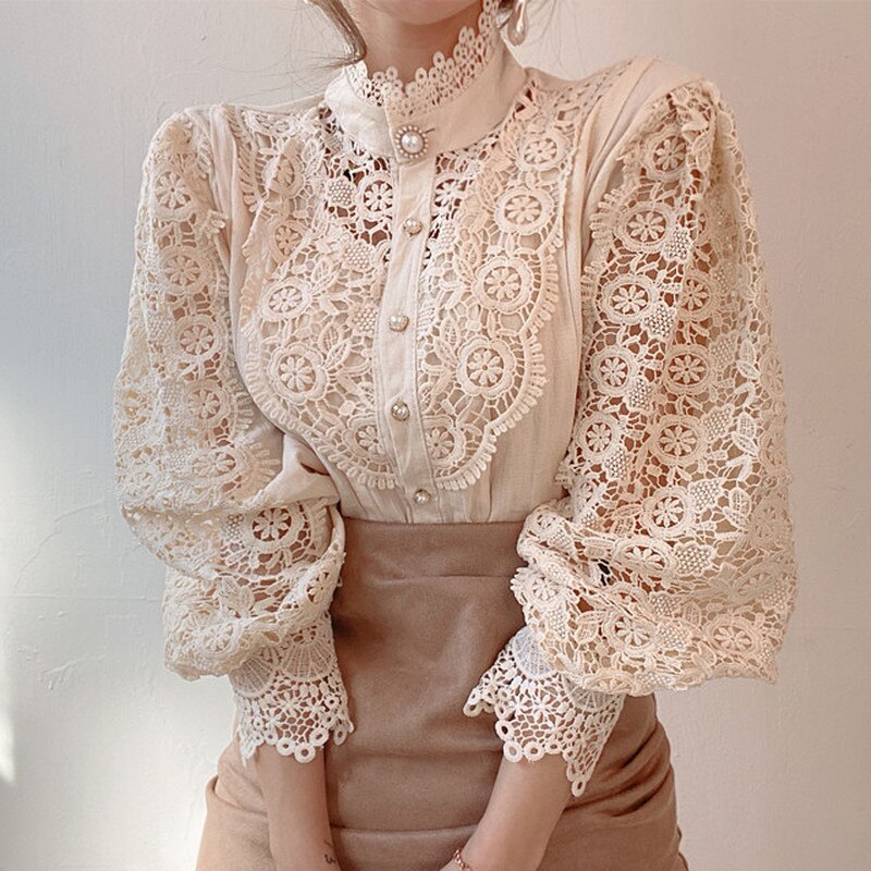 Blusas Mujer De Moda 2023 Spring Hollow Out Lace Shirt Women Office Lady Flower Blouse Stand Collar Button Female Clothing 12419