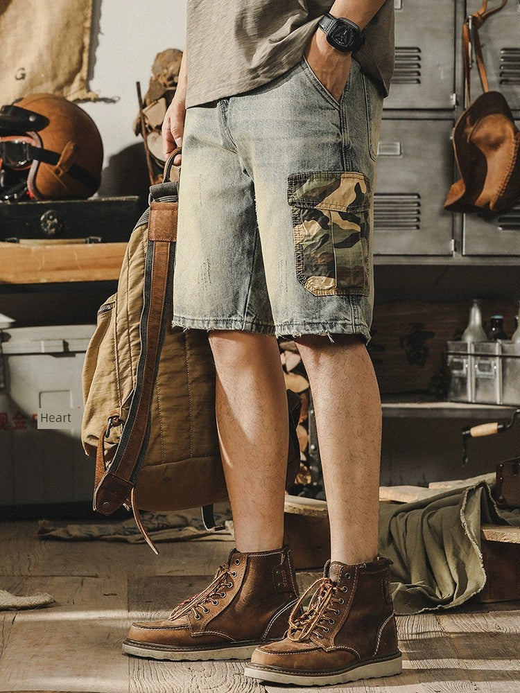 Gereno Yellow Mud Dyed Men's Summer Distressed Shorts