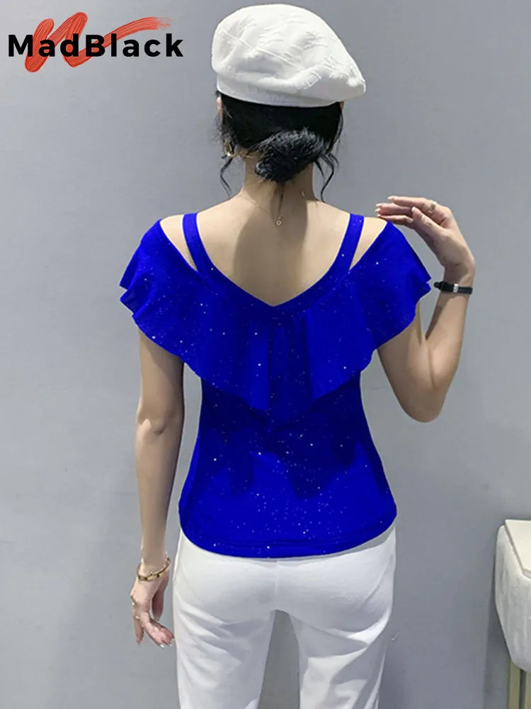MadBlack Summer European Clothes T-Shirt Sexy V-Neck Mesh Thin Ruffles Shiny Women Tops Short Sleeve Off Shoulder Tees T25511L