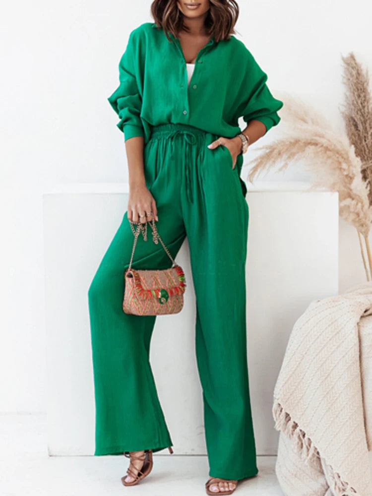 2023 Women's Spring Summer 100% Cotton Shirts+Pants Suits Office Lady Fashion Long Sleeve Loose Tops Crepe Y2k 2PCS Set Outfits