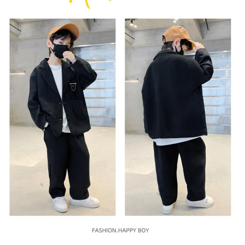 Autumn Teenage Boys Gentleman Clothes Set Children Sigle Breasted Trend Coat and Pant 2 Pieces Set Birthday Party Outfit