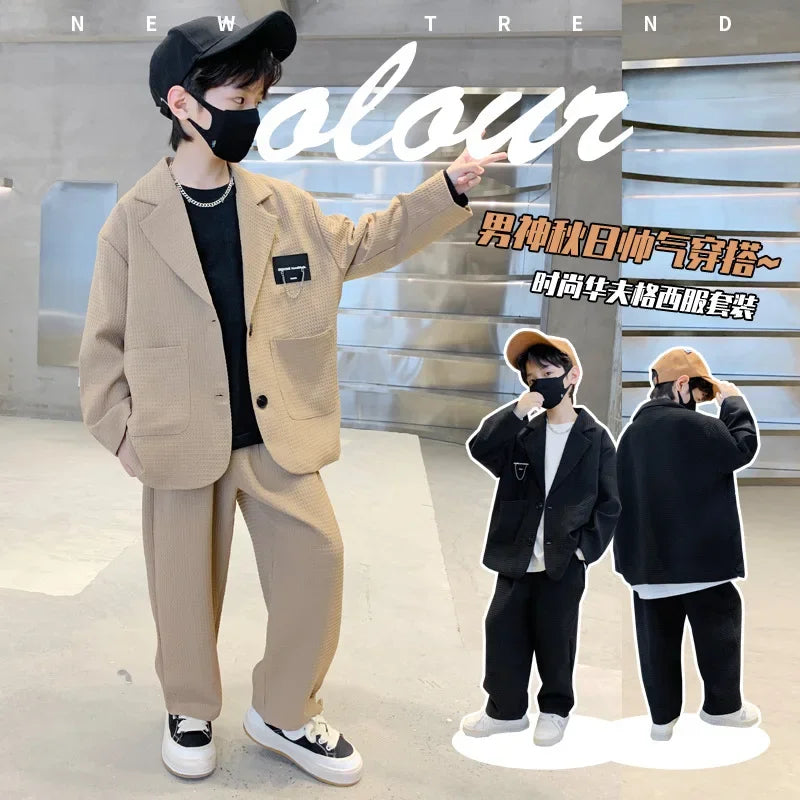 Autumn Teenage Boys Gentleman Clothes Set Children Sigle Breasted Trend Coat and Pant 2 Pieces Set Birthday Party Outfit