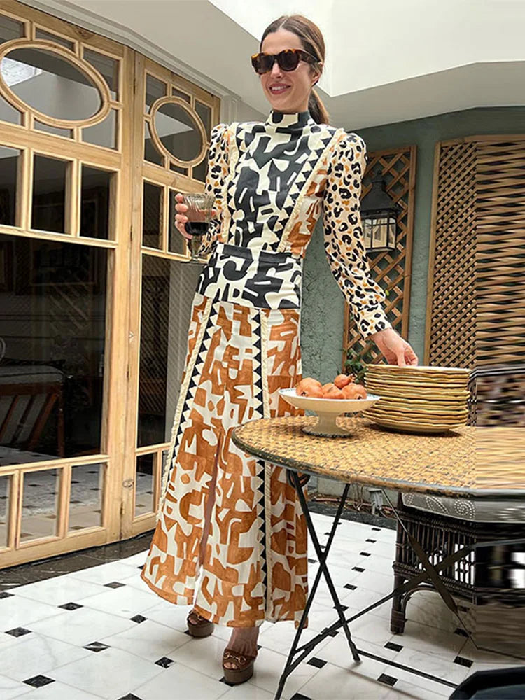 Retro Contrast Printed Women's 2-piece Set Chic Mock Neck Long Sleeves Top Slit A-line Skirt Suit Lady Vacation Elegant Outfits