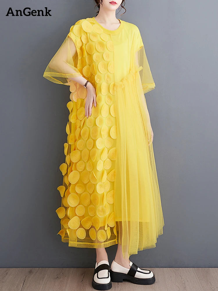 Yellow Mesh Spliced Polka Dot Vintage Dresses For Women Short Sleeve Loose Casual Long Dress Fashion Elegant Clothes Summer 2024