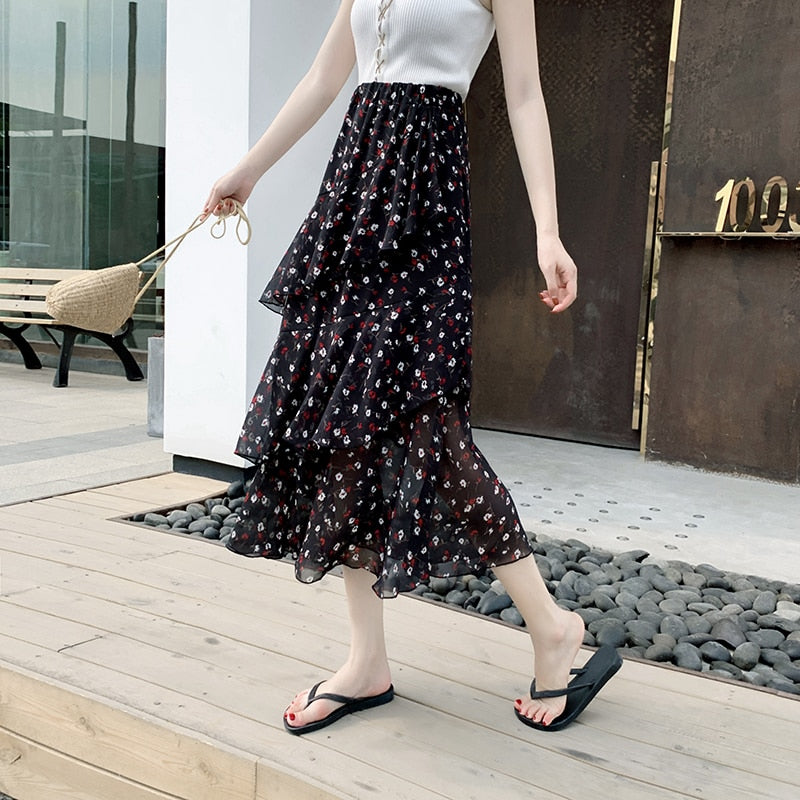 Casual Summer Skirts For Women New Loose Elastic High Waist Jupe Longue Femme Vintage Chiffon Ruffles Print Floral Pleated Skirt