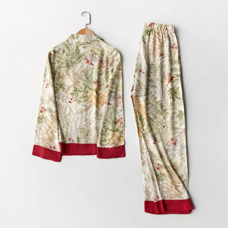 Cotton Spring Women Clothes Fresh Loose Fit Grass Printing Long Sleeve Pants Two Piece Set for Nightwear Pyjama-sets for Women