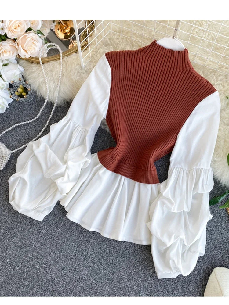 Women's Knit Patchwork Fake Two-Piece Tops Slim Fit Lantern Sleeved Shirt Tide Turtleneck Pullovers Sweater Tops ML574