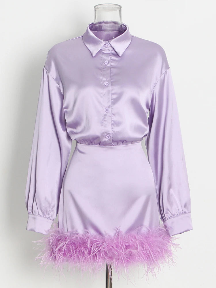 TWOTWINSTYLE Sexy Dress For Women Lapel Long Sleeve High Waist Patchwork Feathers Solid Mini Dresses Female Spring Clothes Style