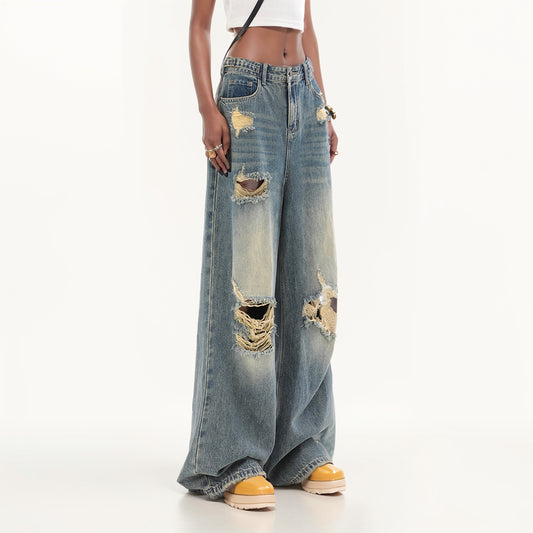 Retro Washed Make Old Ripped Denim Female Summer Fashion Brand Ins High Waist Loose Straight Wide Leg Mop Pants