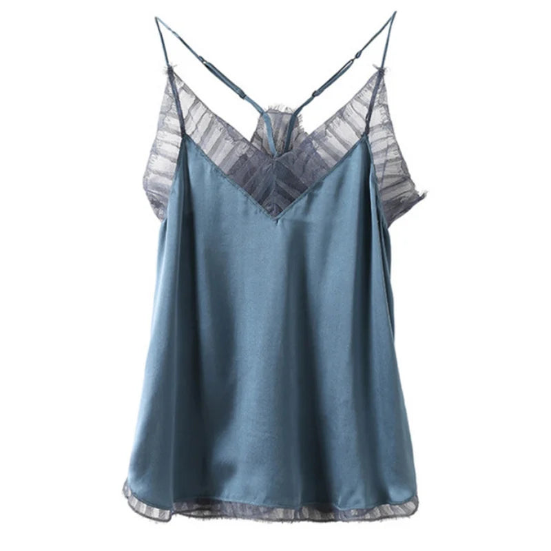 sexy 100% silk womens tops shirts summer clothes for women clothing 2023 blue lace up satin top clothes fashion strap shirt cami