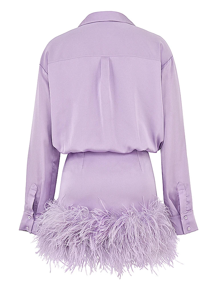 TWOTWINSTYLE Sexy Dress For Women Lapel Long Sleeve High Waist Patchwork Feathers Solid Mini Dresses Female Spring Clothes Style