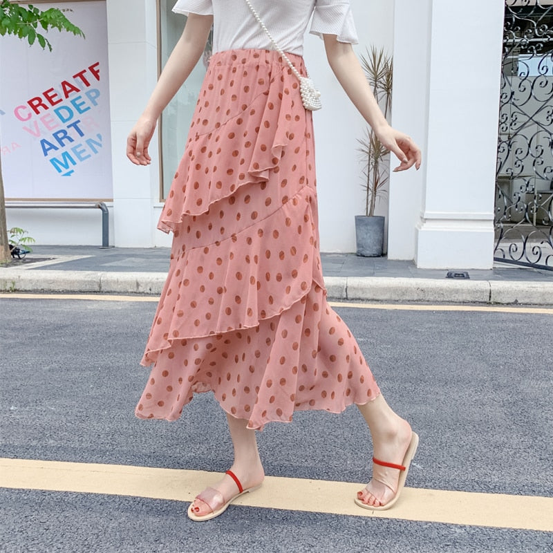 Casual Summer Skirts For Women New Loose Elastic High Waist Jupe Longue Femme Vintage Chiffon Ruffles Print Floral Pleated Skirt