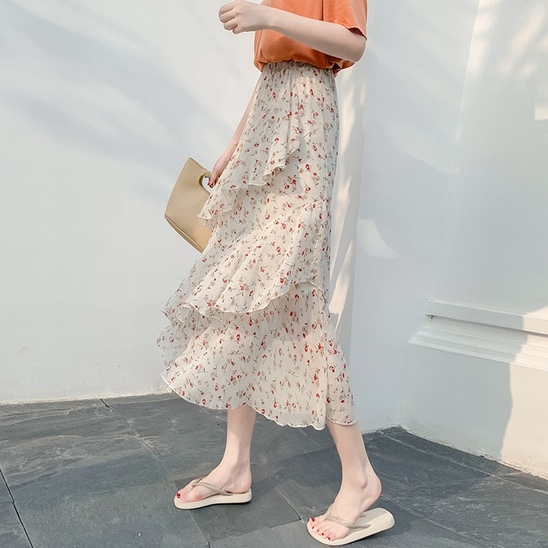 Casual Summer Skirts For Women New Loose Elastic High Waist Jupe Longue Femme Vintage Chiffon Ruffles Print Floral Pleated Skirt