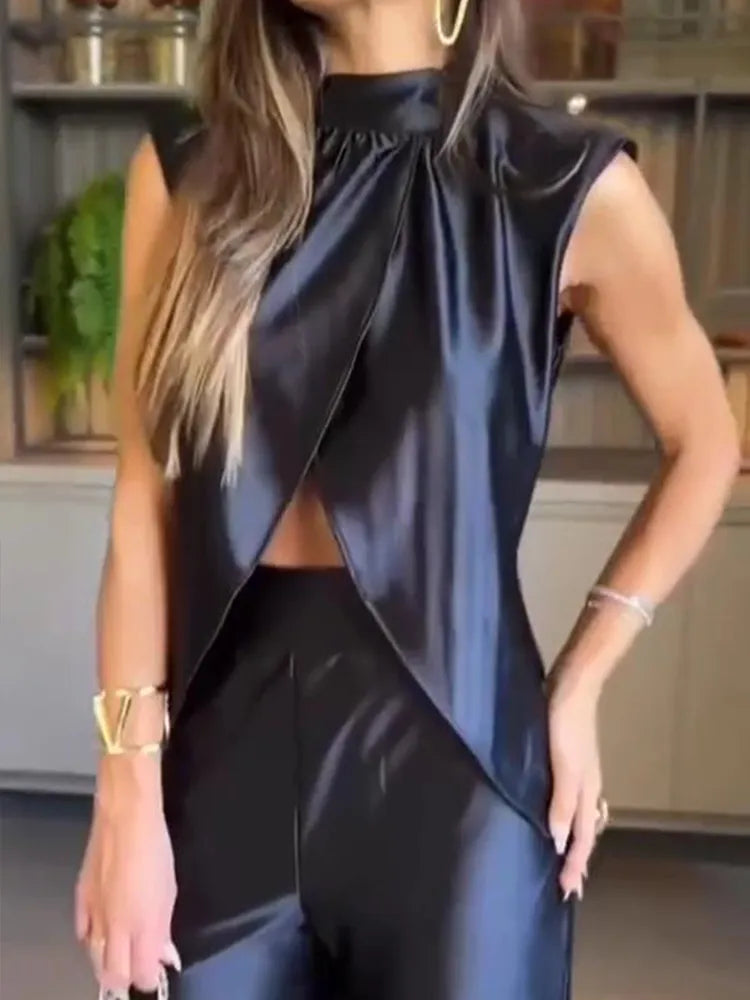 Drauuing 2 Pieces Sets Women Sleeveless Tank Split Hem Top And Wide Leg Pants Women Outfits Silk Pant Sets Matching Sets