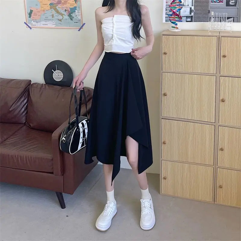 Black Irregular Skirt Women Spring Summer Elastic Waist Thin Mid-length Umbrella Skirts Plus Size Bottoms Vintage Y2k Clothes