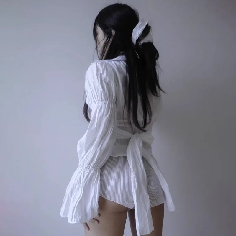 Karrcat Grunge Aesthetics Irregular Shirt Yamamoto Style Bandage Blouses Vintage Gothic Flare Sleeve Shirt Emo Alt Clothes Y2k